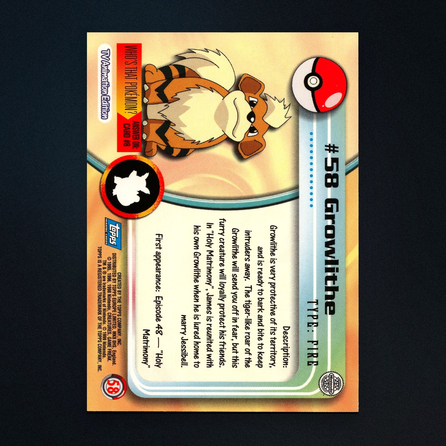 Growlithe #58 - 1999 Topps Pokémon TV Animation Series 1 Silver Foil - Moderately Played back