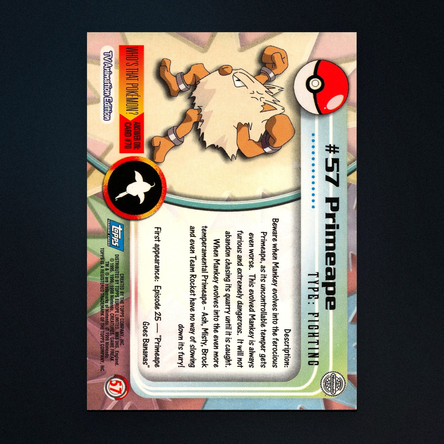 Primeape #57 - 1999 Topps Pokémon TV Animation Series 1 Silver Foil - Moderately Played back