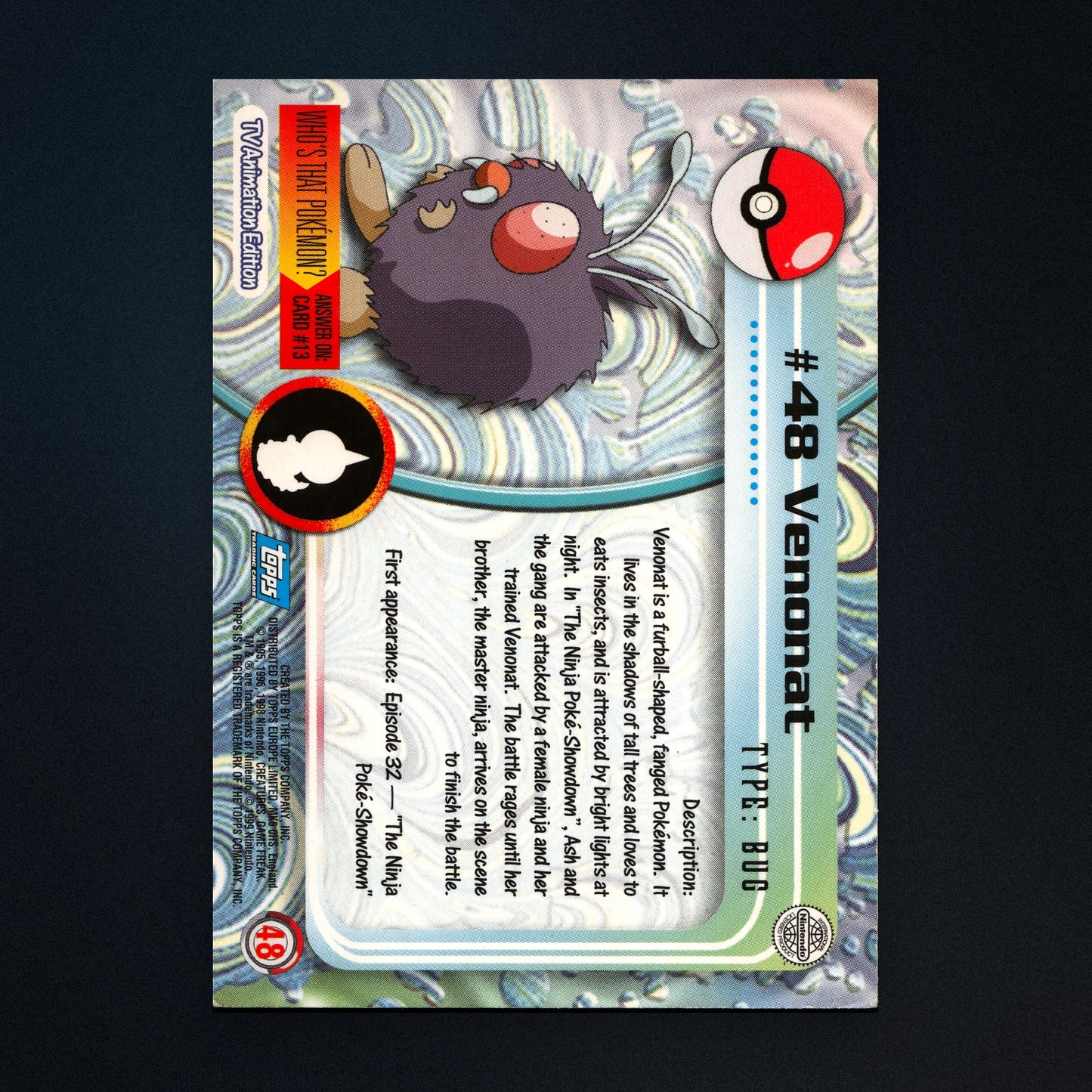 Venonat #48 - 1999 Topps Pokémon TV Animation Series 1 Silver Foil - Moderately Played back