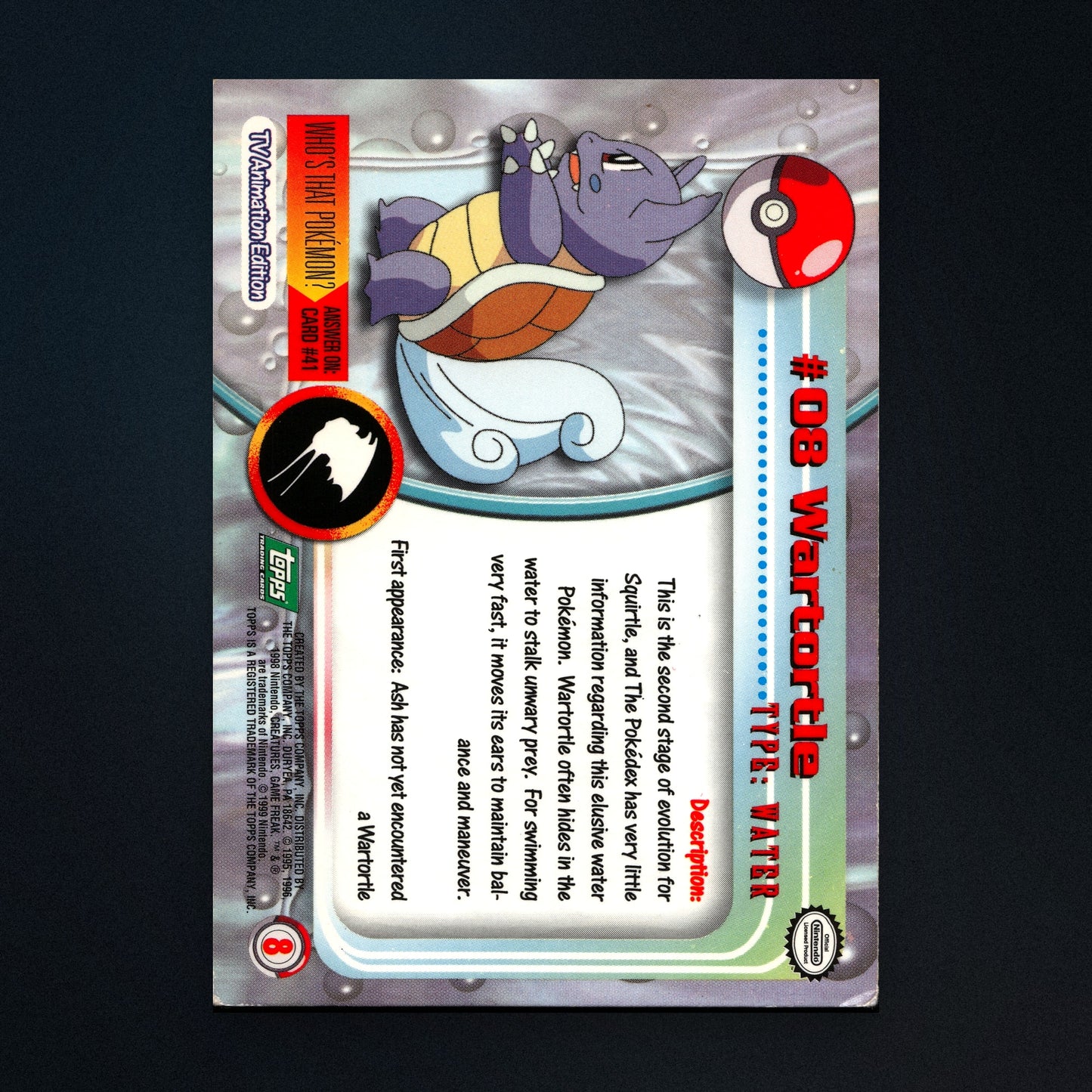 Wartortle #8 - 1999 Topps Pokémon TV Animation Series 1 Silver Foil - Moderately Played back