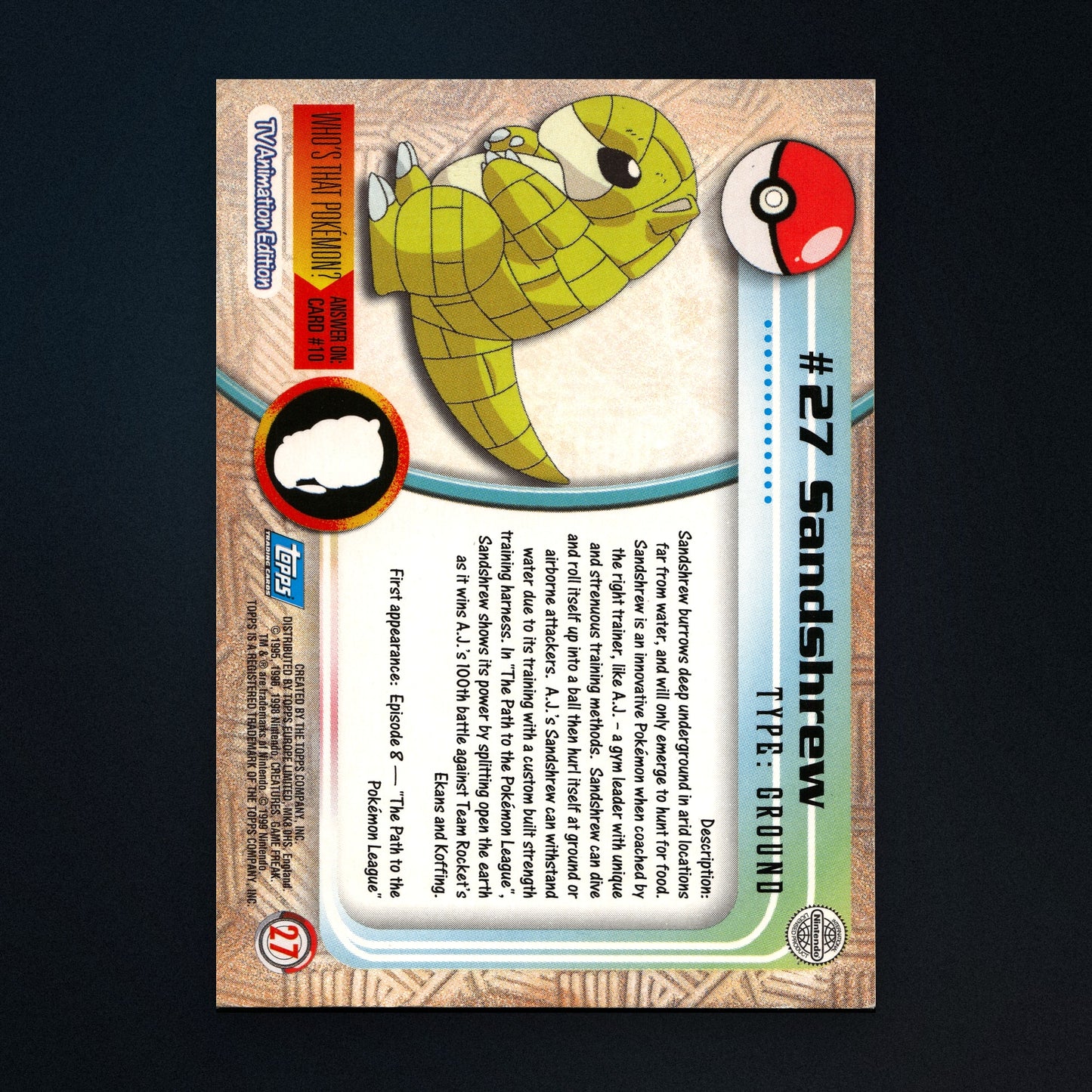 Sandshrew #27 - 1999 Topps Pokémon TV Animation Series 1 Silver Foil - Moderately Played back