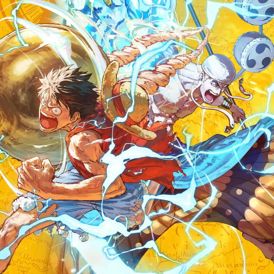 One Piece Card Game OP15 Adventure on Kami's Island main visual featuring Luffy and Enel