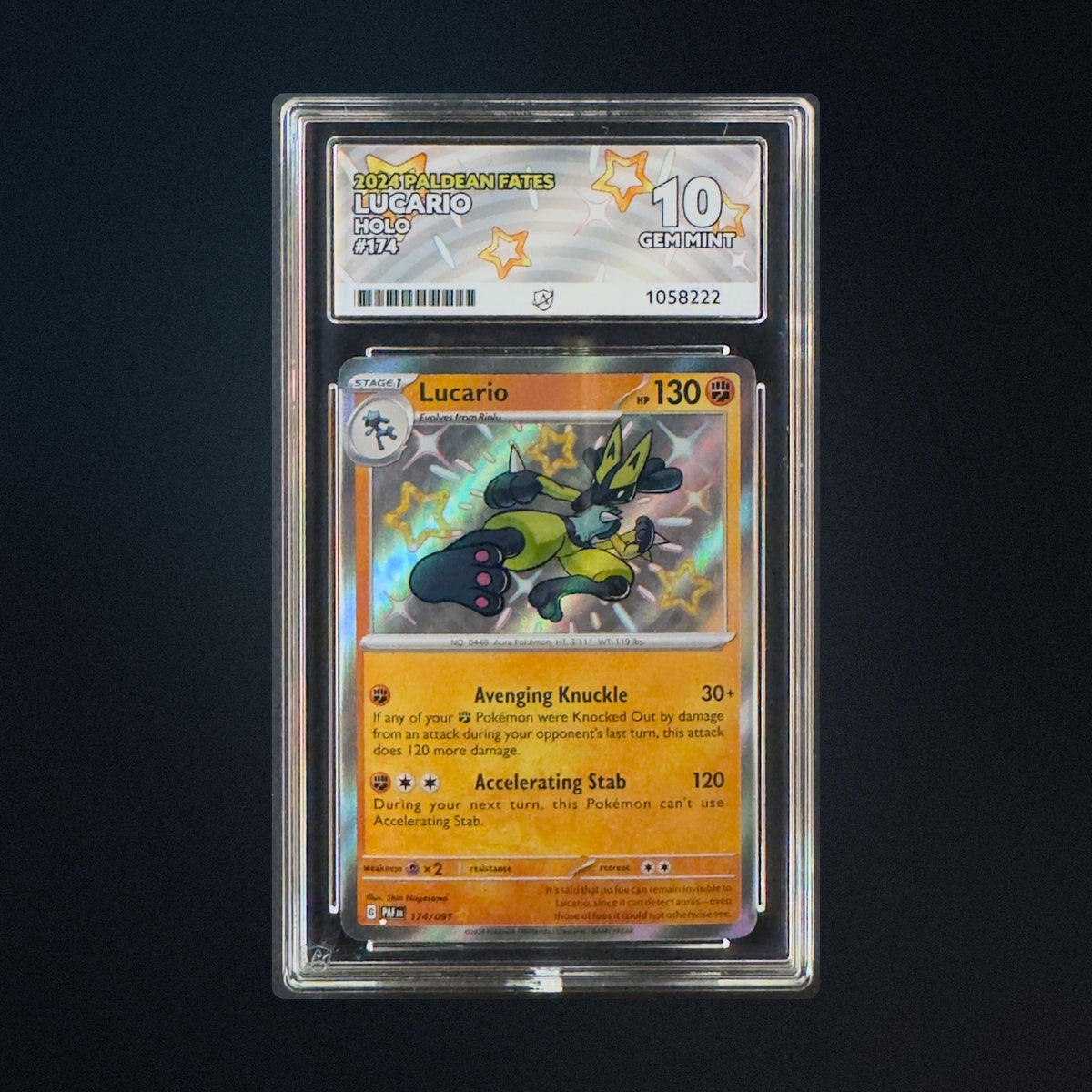 2024 Pokemon Paldean Fates Lucario 174/091 Holo ACE 10 Perfect Subgrades front