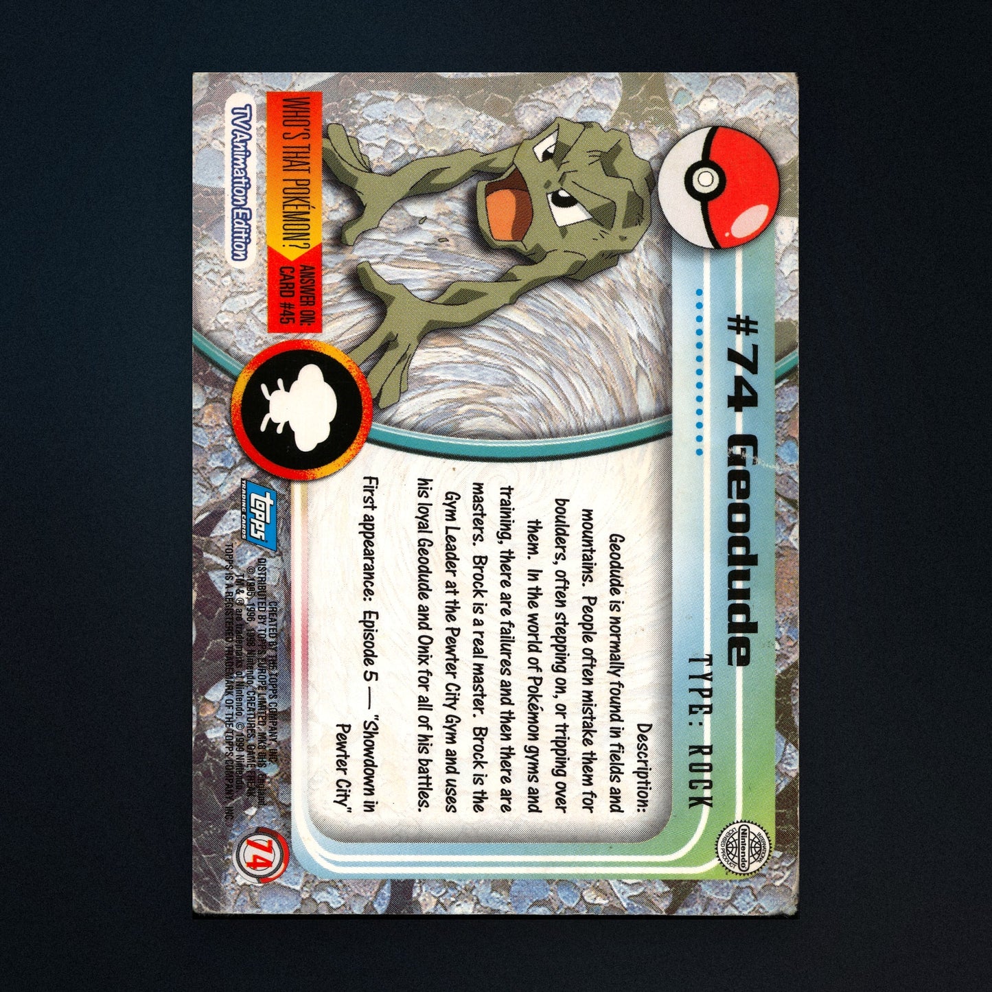 Geodude #74 - 1999 Topps Pokémon TV Animation Series 1 Silver Foil - Moderately Played back