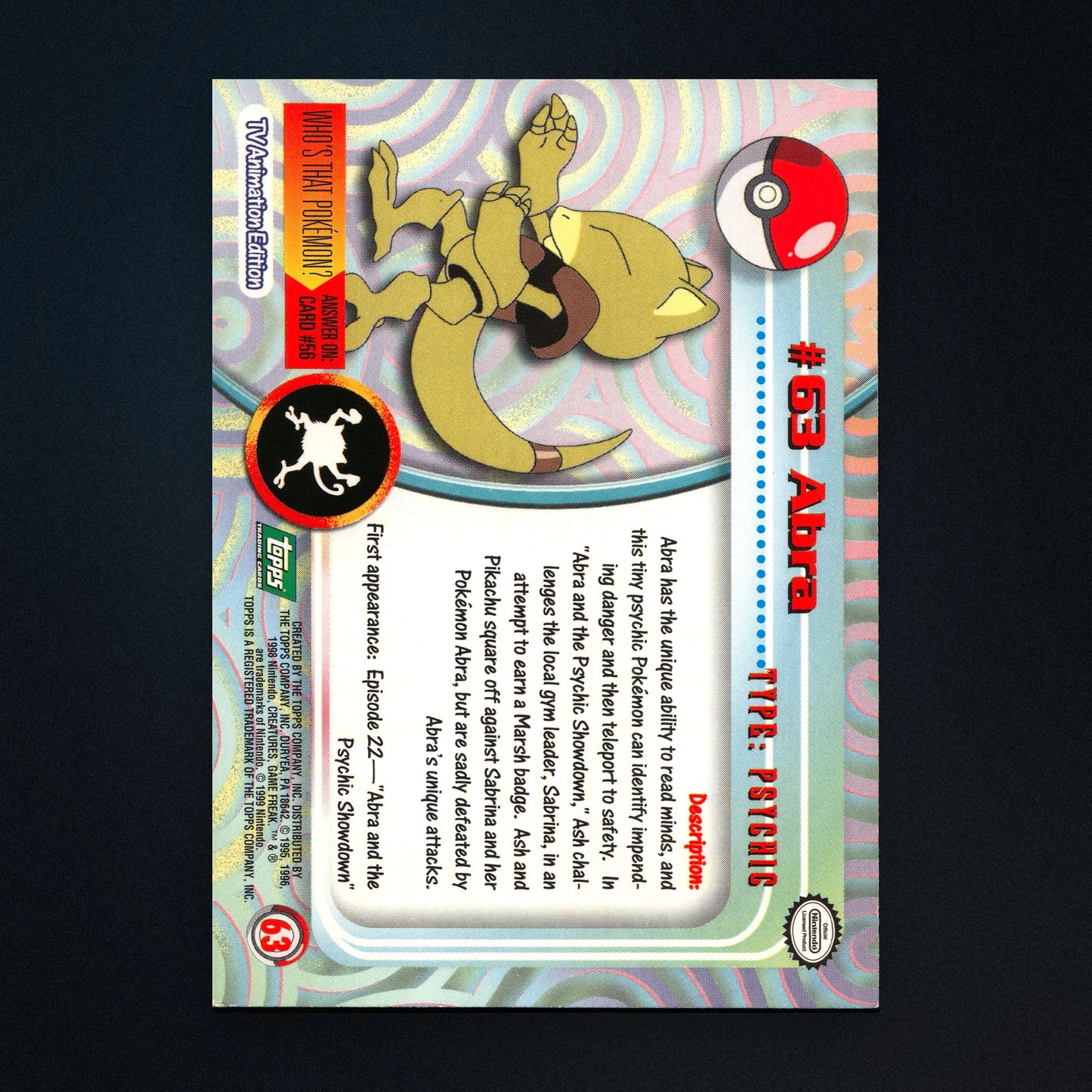 Abra #63 - 1999 Topps Pokémon TV Animation Series 1 Silver Foil - Moderately Played back