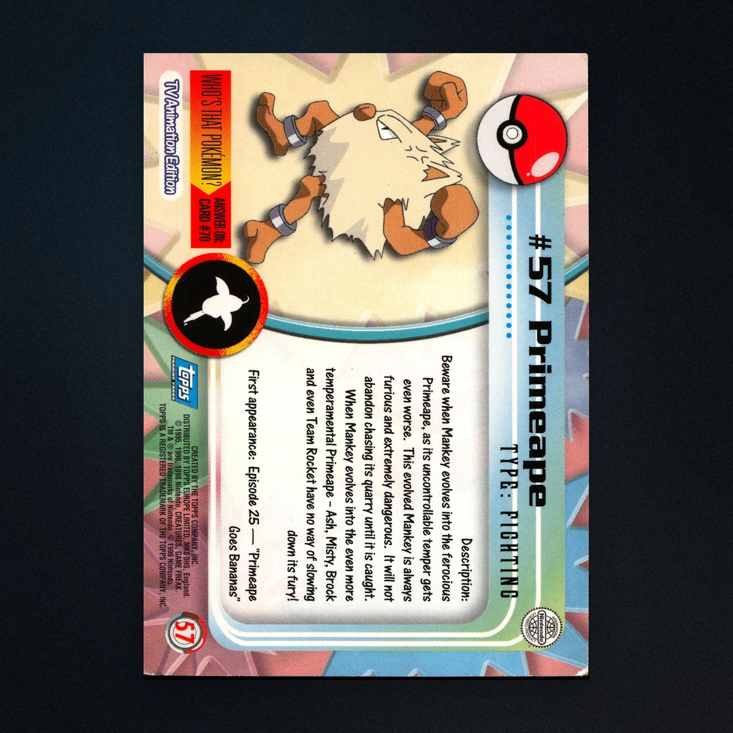 Primeape #57 - 1999 Topps Pokémon TV Animation Series 1 Silver Foil - Moderately Played back