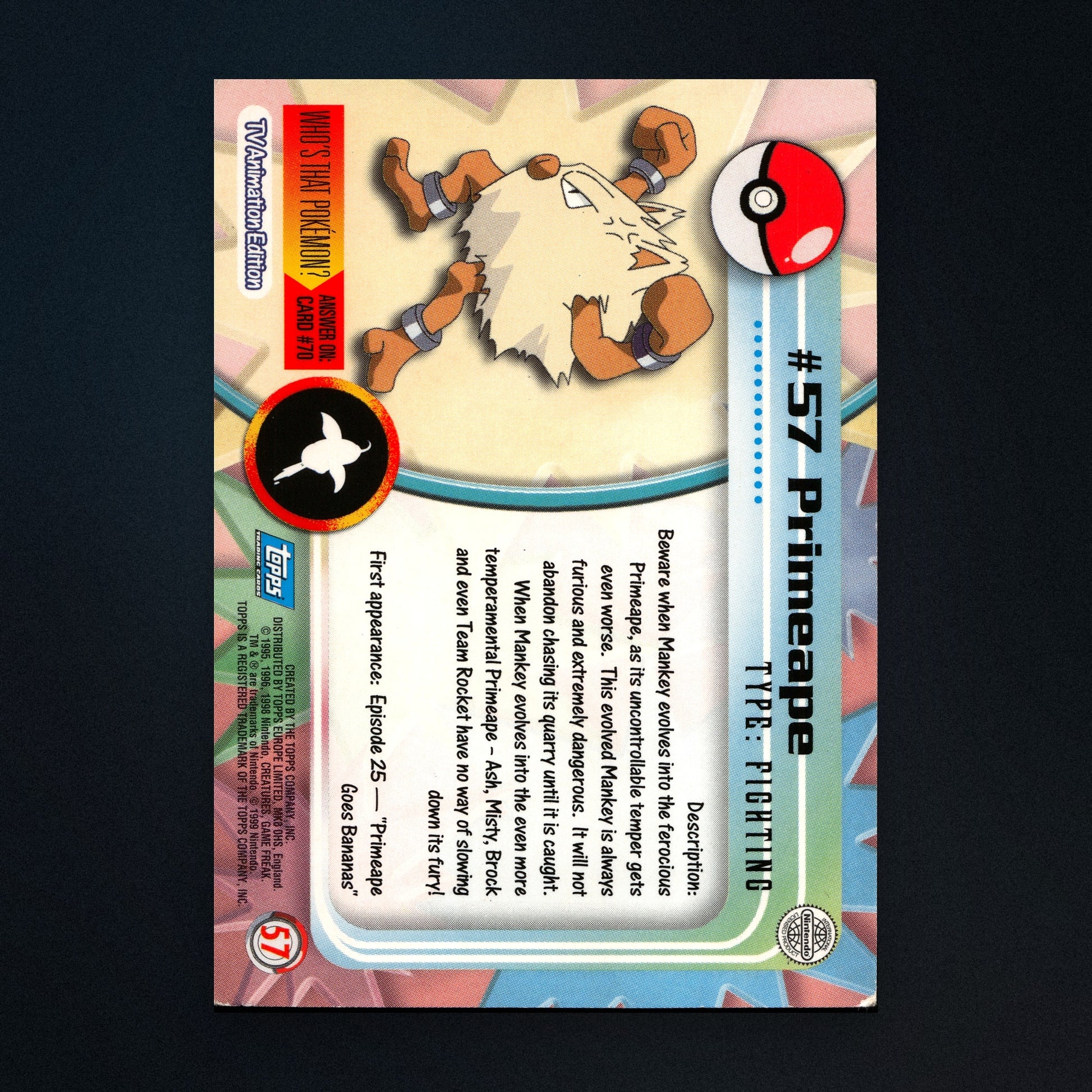 Primeape #57 - 1999 Topps Pokémon TV Animation Series 1 Silver Foil - Moderately Played back