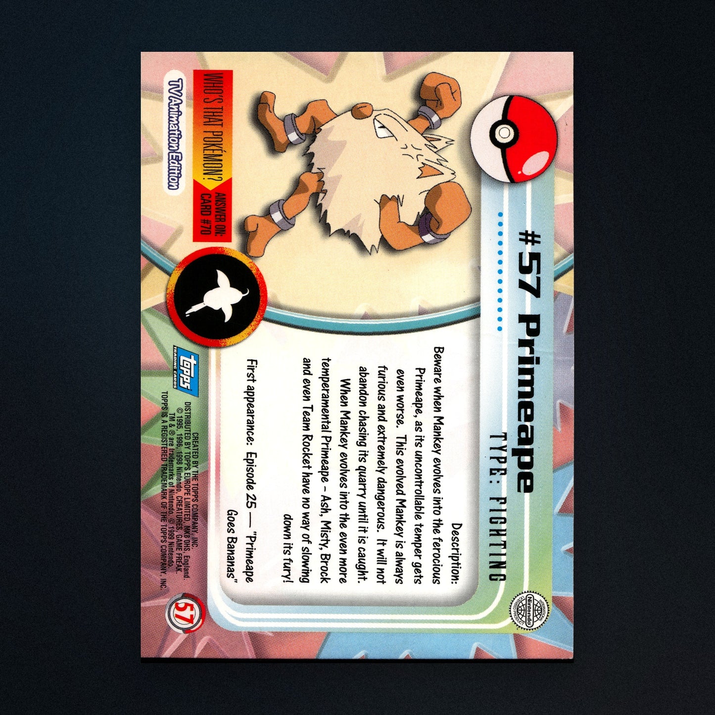 Primeape #57 - 1999 Topps Pokémon TV Animation Series 1 Silver Foil - Lightly Played back