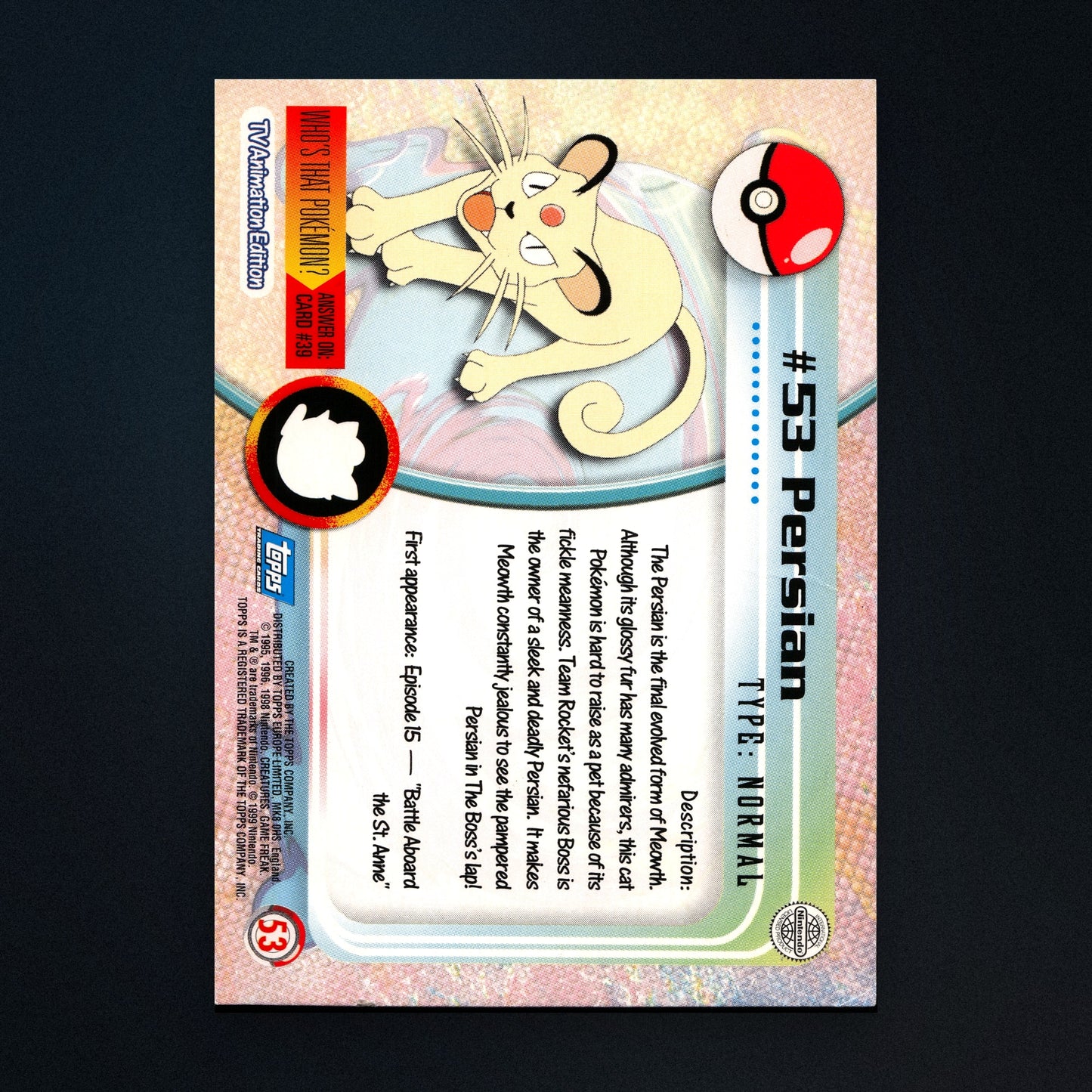 Persian #53 - 1999 Topps Pokémon TV Animation Series 1 Silver Foil - Moderately Played back