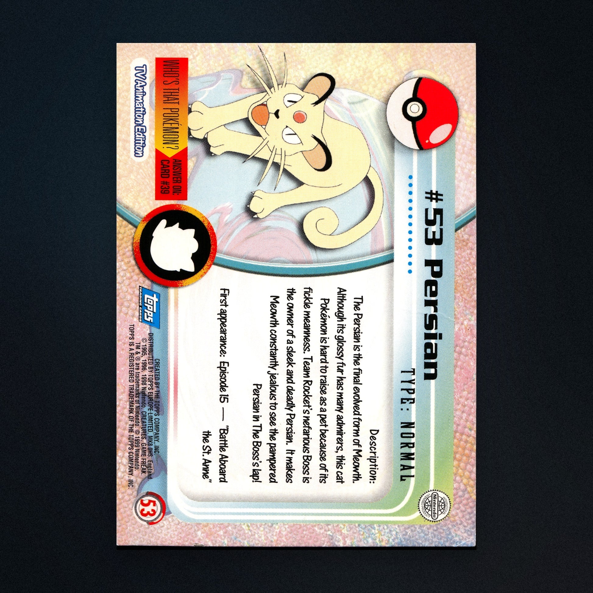 Persian #53 - 1999 Topps Pokémon TV Animation Series 1 Silver Foil - Moderately Played back