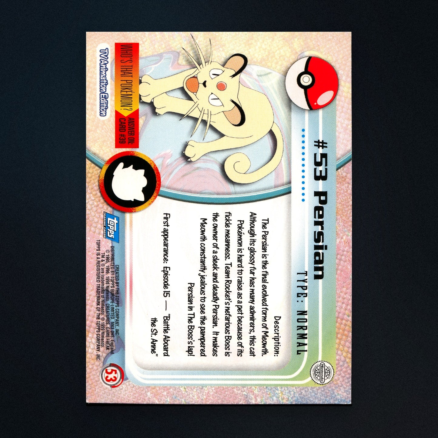 Persian #53 - 1999 Topps Pokémon TV Animation Series 1 Silver Foil - Moderately Played back