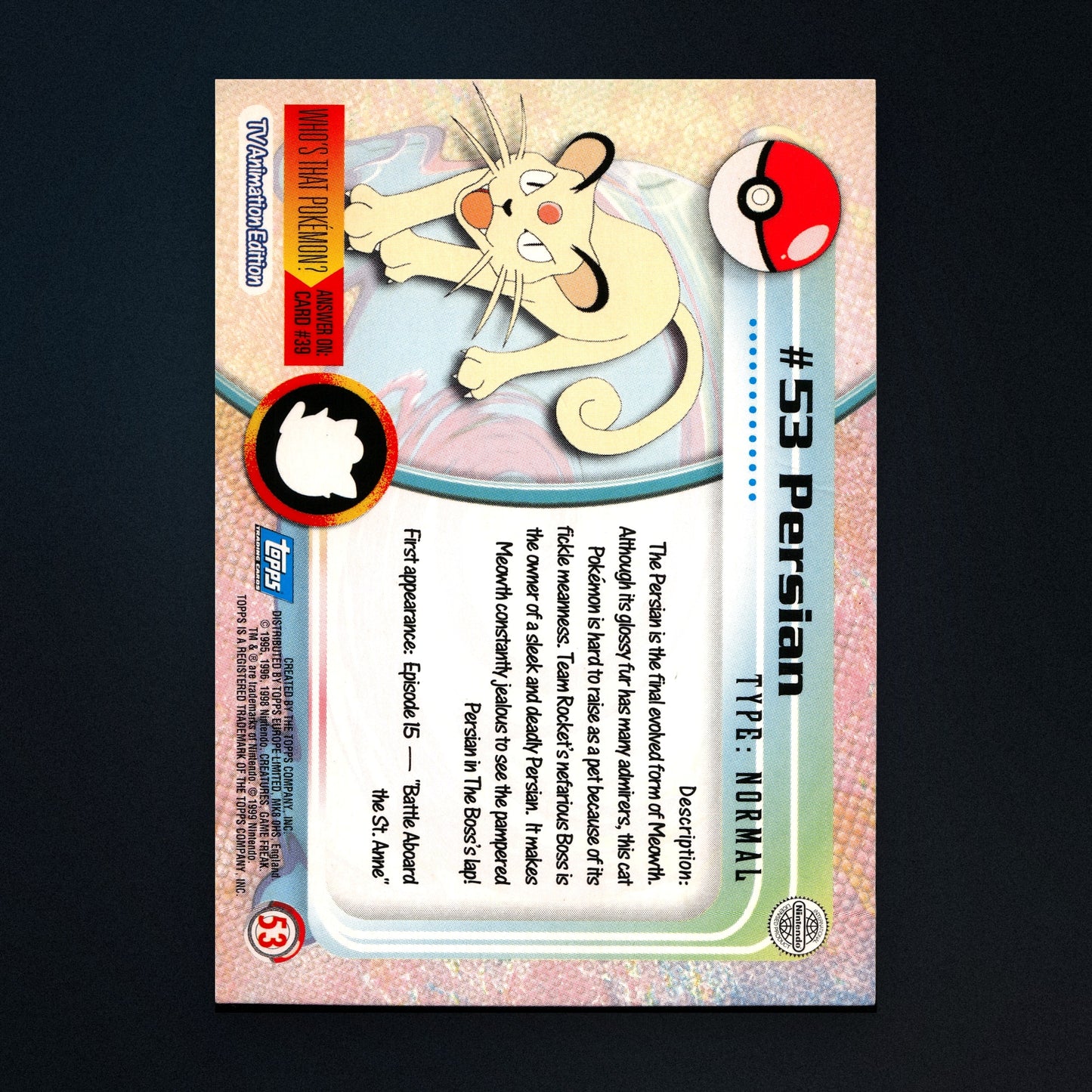 Persian #53 - 1999 Topps Pokémon TV Animation Series 1 Silver Foil - Moderately Played back