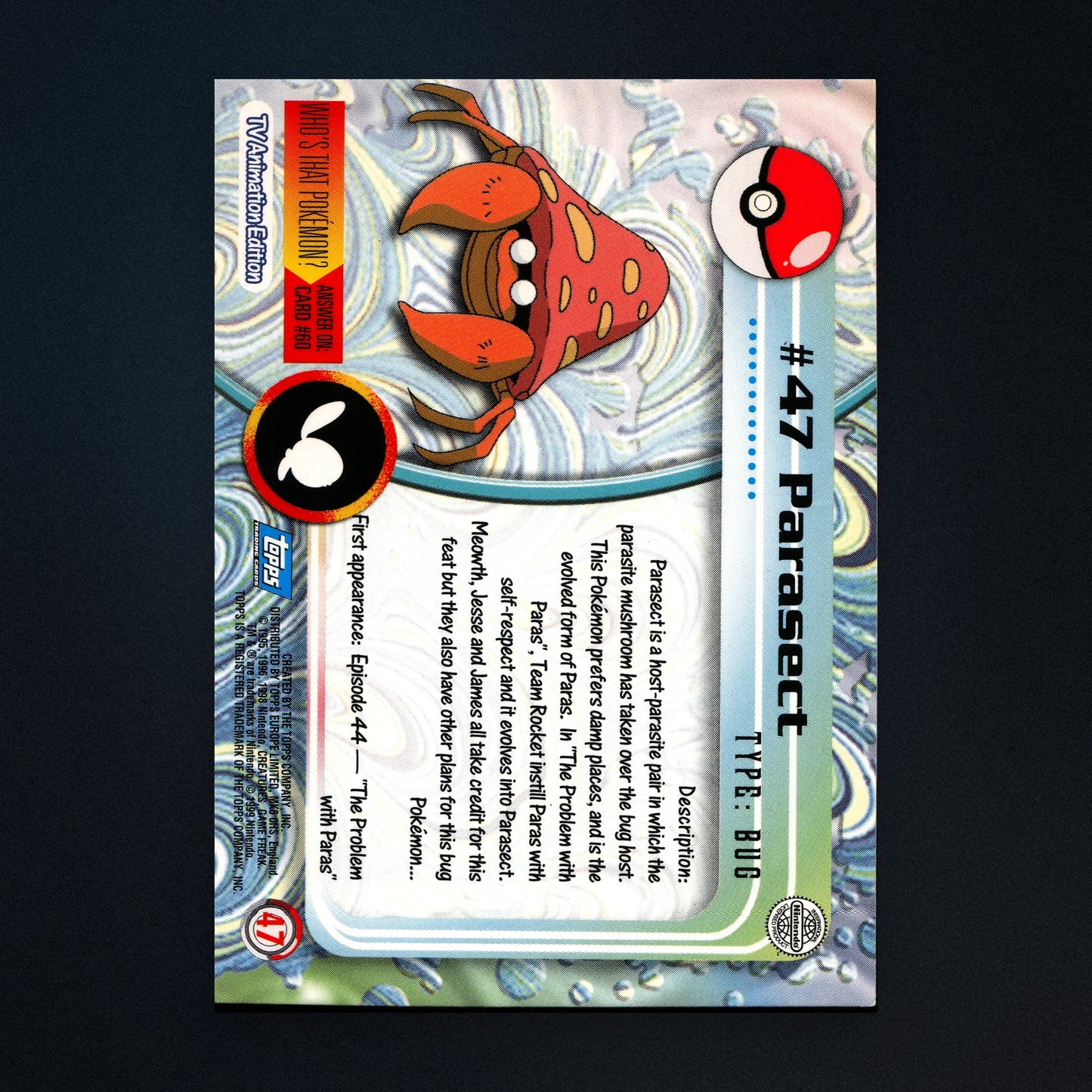 Parasect #47 - 1999 Topps Pokémon TV Animation Series 1 Silver Foil - Lightly Played back