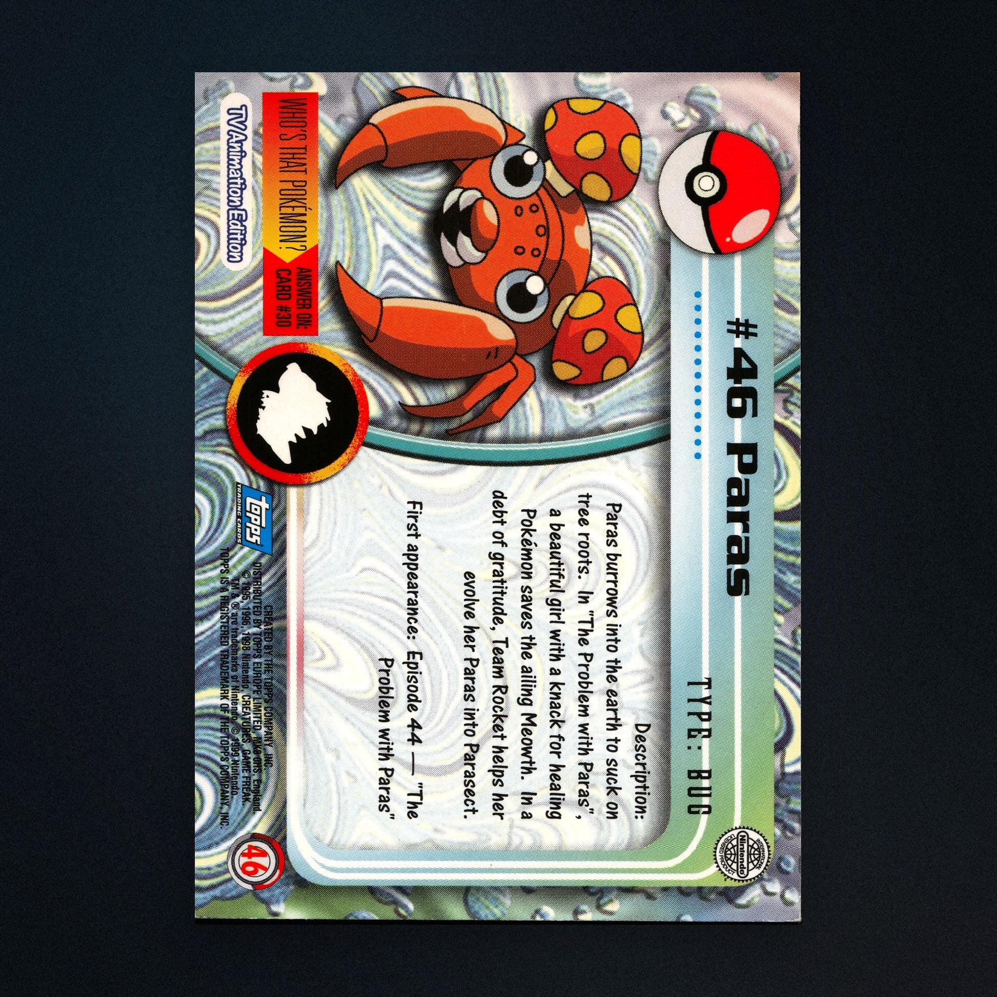 Paras #46 - 1999 Topps Pokémon TV Animation Series 1 Silver Foil - Lightly Played back