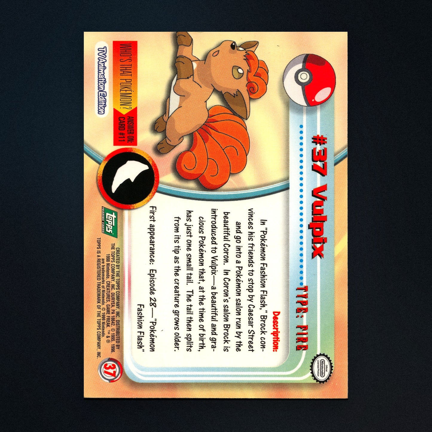 Vulpix #37 - 1999 Topps Pokémon TV Animation Series 1 Silver Foil - Lightly Played back