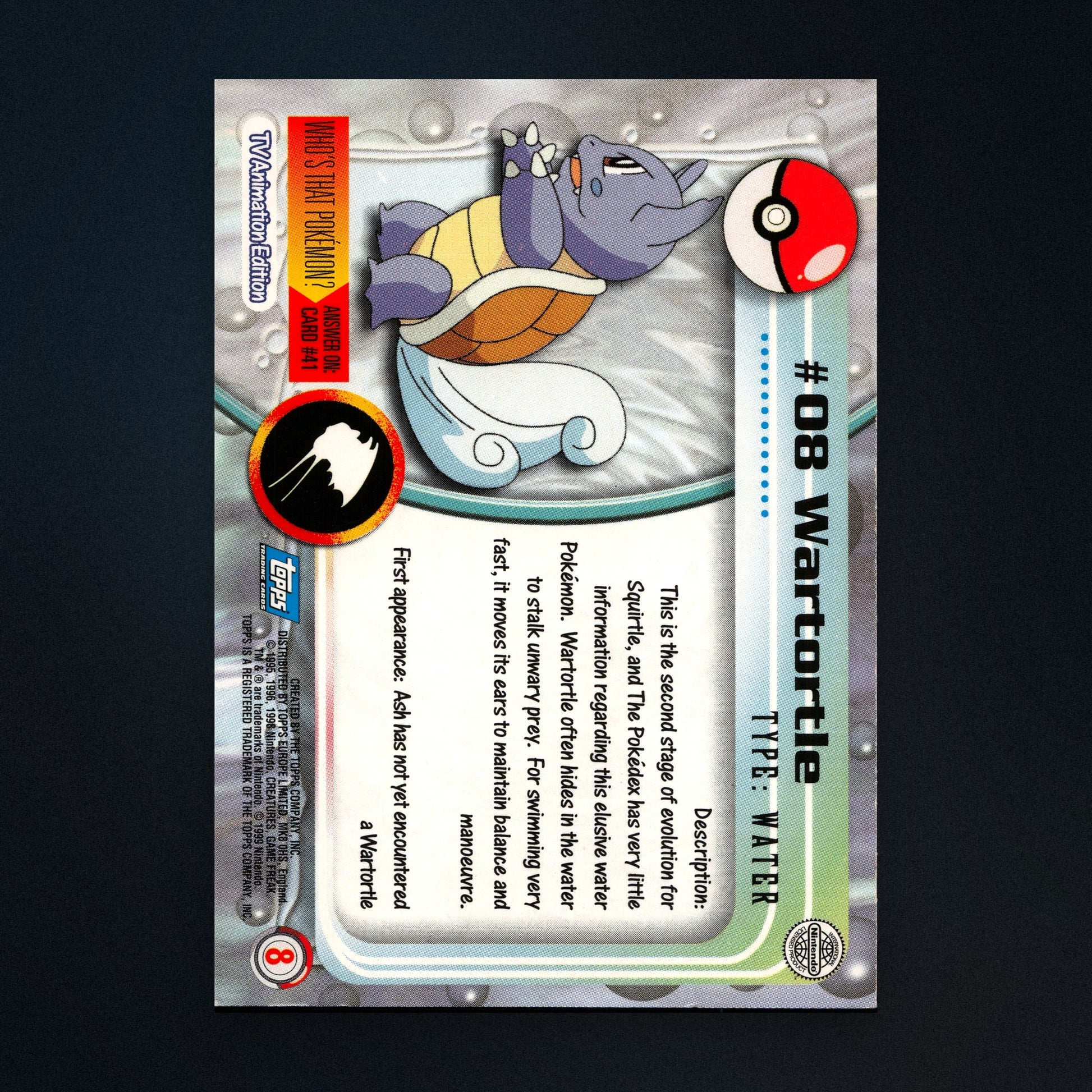 Wartortle #8 - 1999 Topps Pokémon TV Animation Series 1 Silver Foil - Moderately Played back