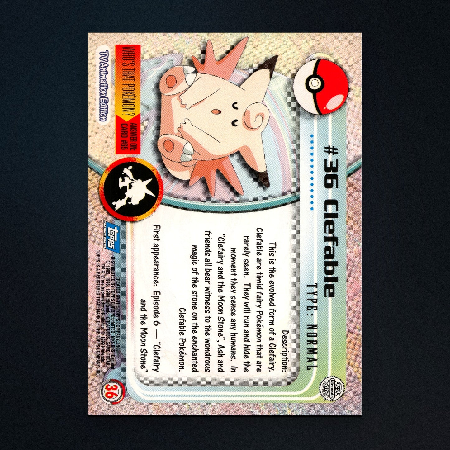 Clefable #36 - 1999 Topps Pokémon TV Animation Series 1 Silver Foil - Moderately Played back