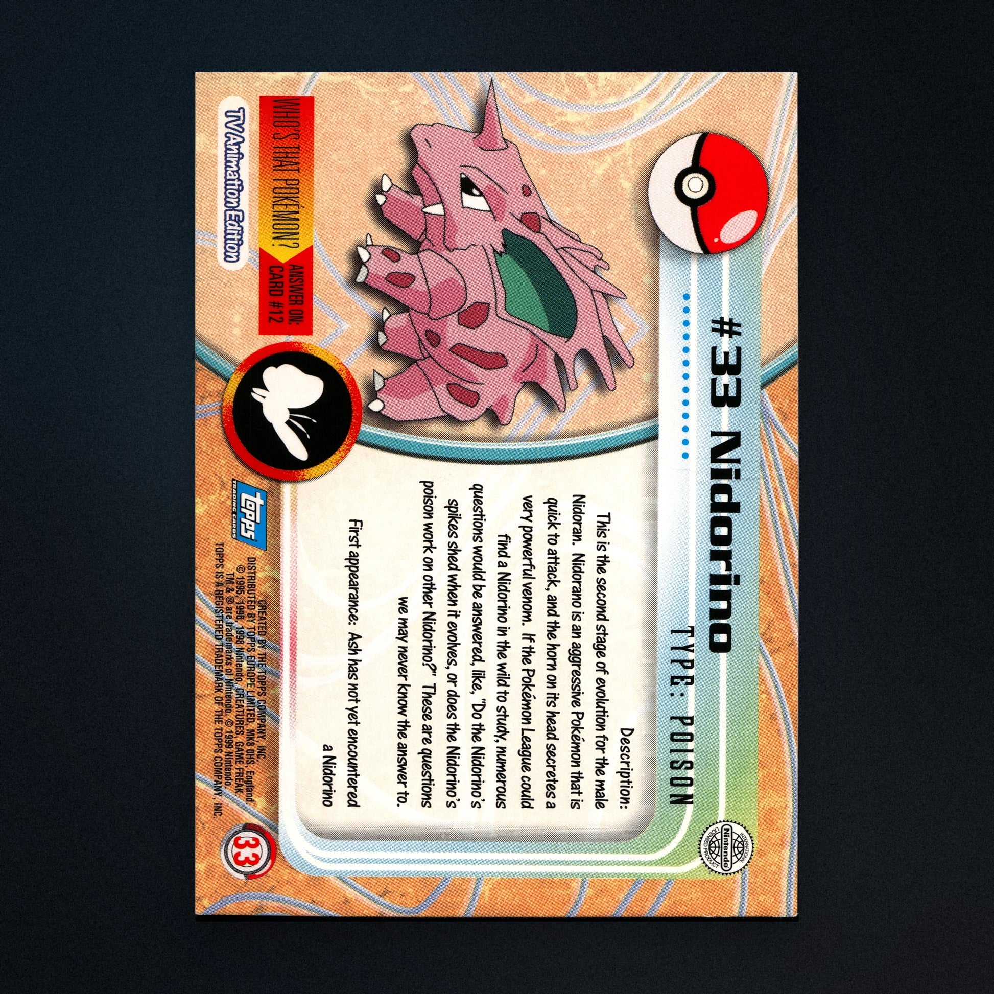 Nidorino #33 - 1999 Topps Pokémon TV Animation Series 1 Silver Foil - Moderately Played back
