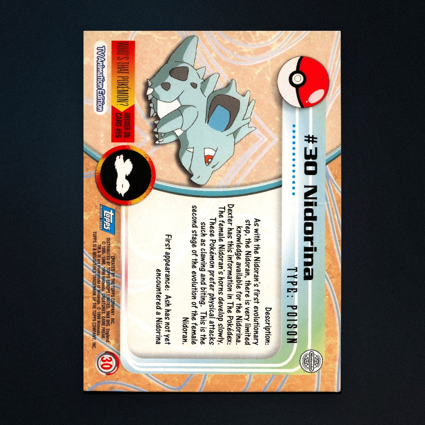 Nidorina #30 - 1999 Topps Pokémon TV Animation Series 1 Silver Foil - Moderately Played back