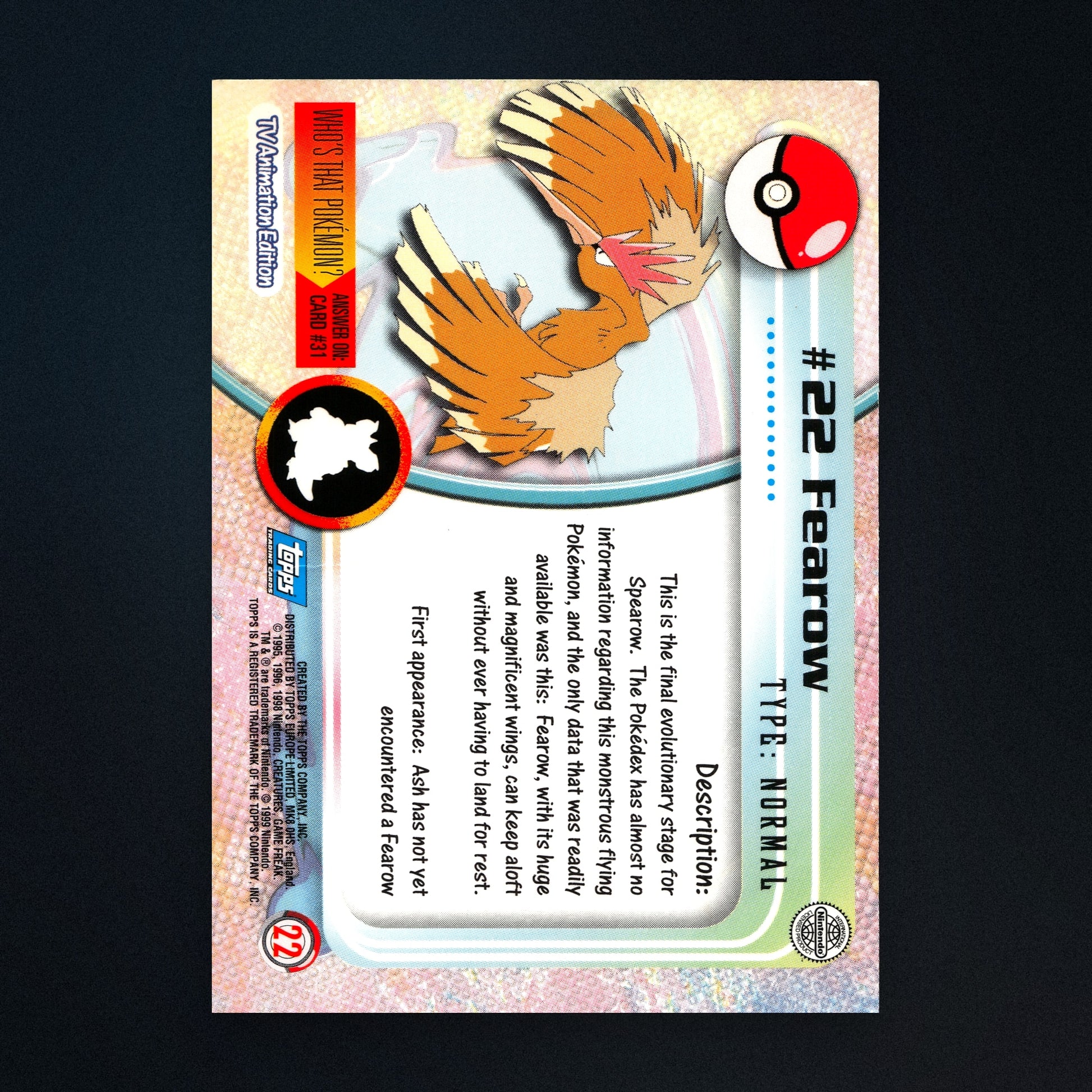 Fearow #22 - 1999 Topps Pokémon TV Animation Series 1 Silver Foil - Moderately Played back