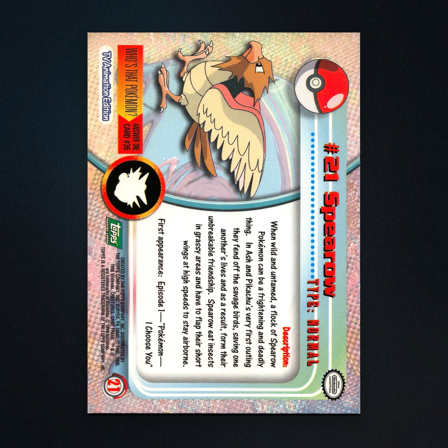 Spearow #21 - 1999 Topps Pokémon TV Animation Series 1 Silver Foil - Lightly Played back