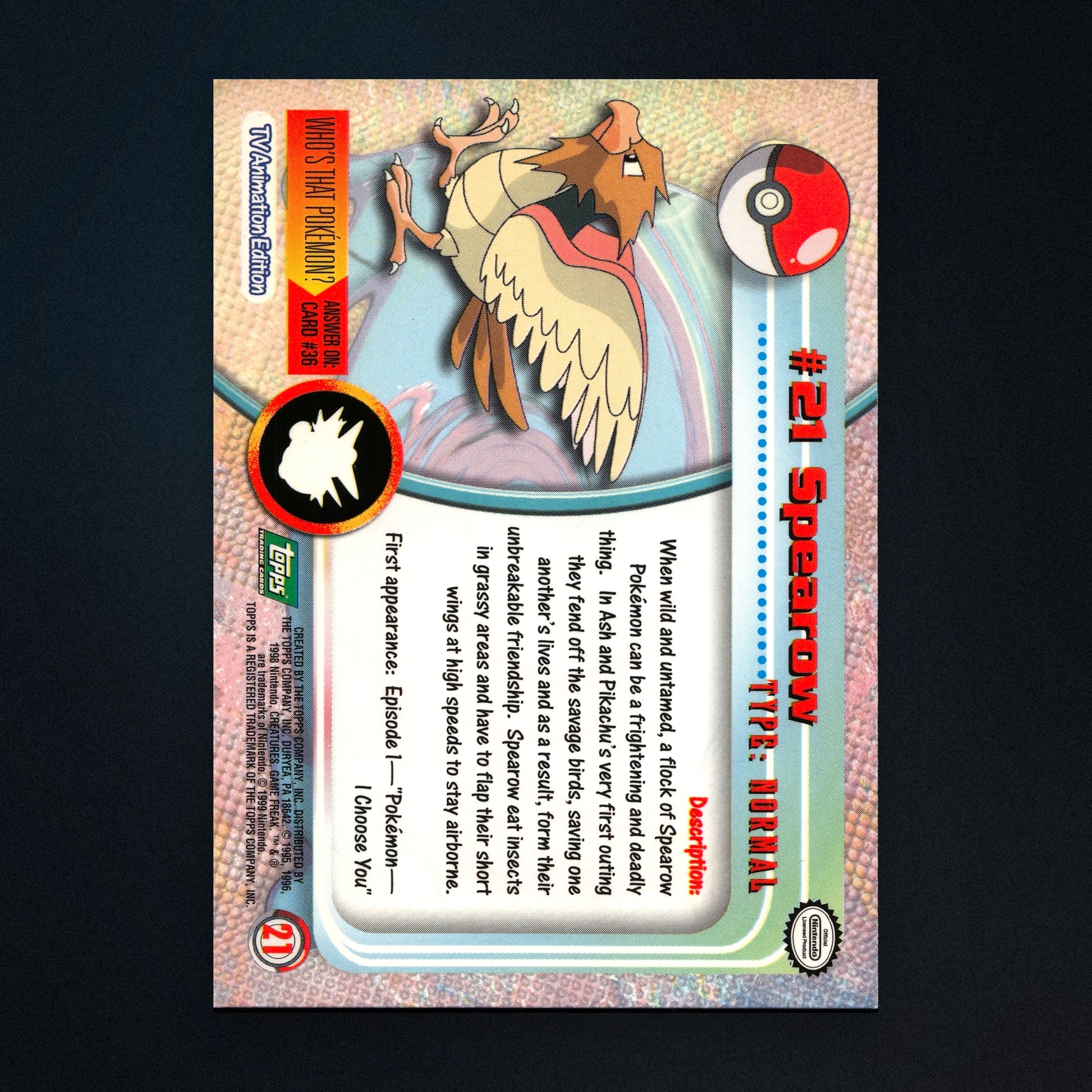 Spearow #21 - 1999 Topps Pokémon TV Animation Series 1 Silver Foil - Lightly Played back