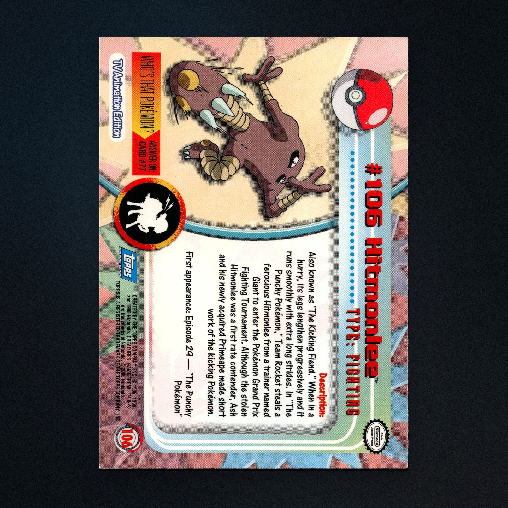 Hitmonlee #106 - 2000 Topps Pokémon TV Animation Series 2 Silver Foil - Lightly Played back