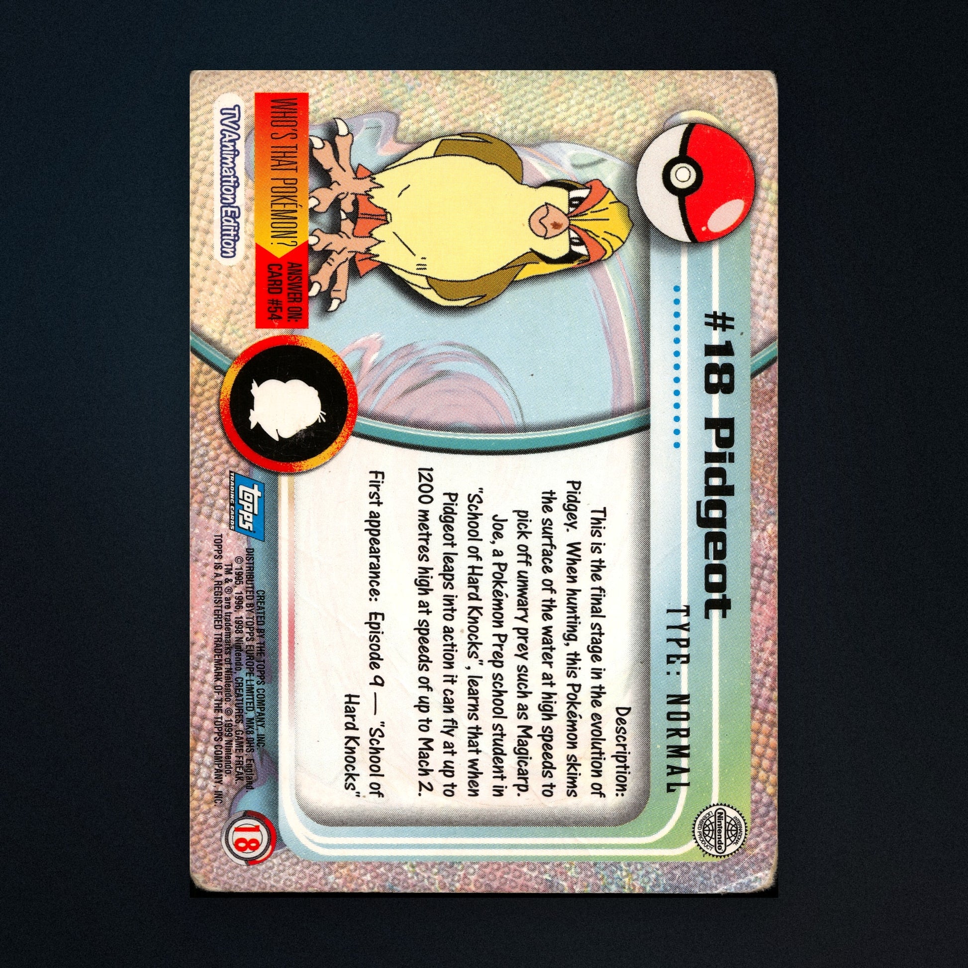 Pidgeot #18 - 1999 Topps Pokémon TV Animation Series 1 Silver Foil - Heavily Played back