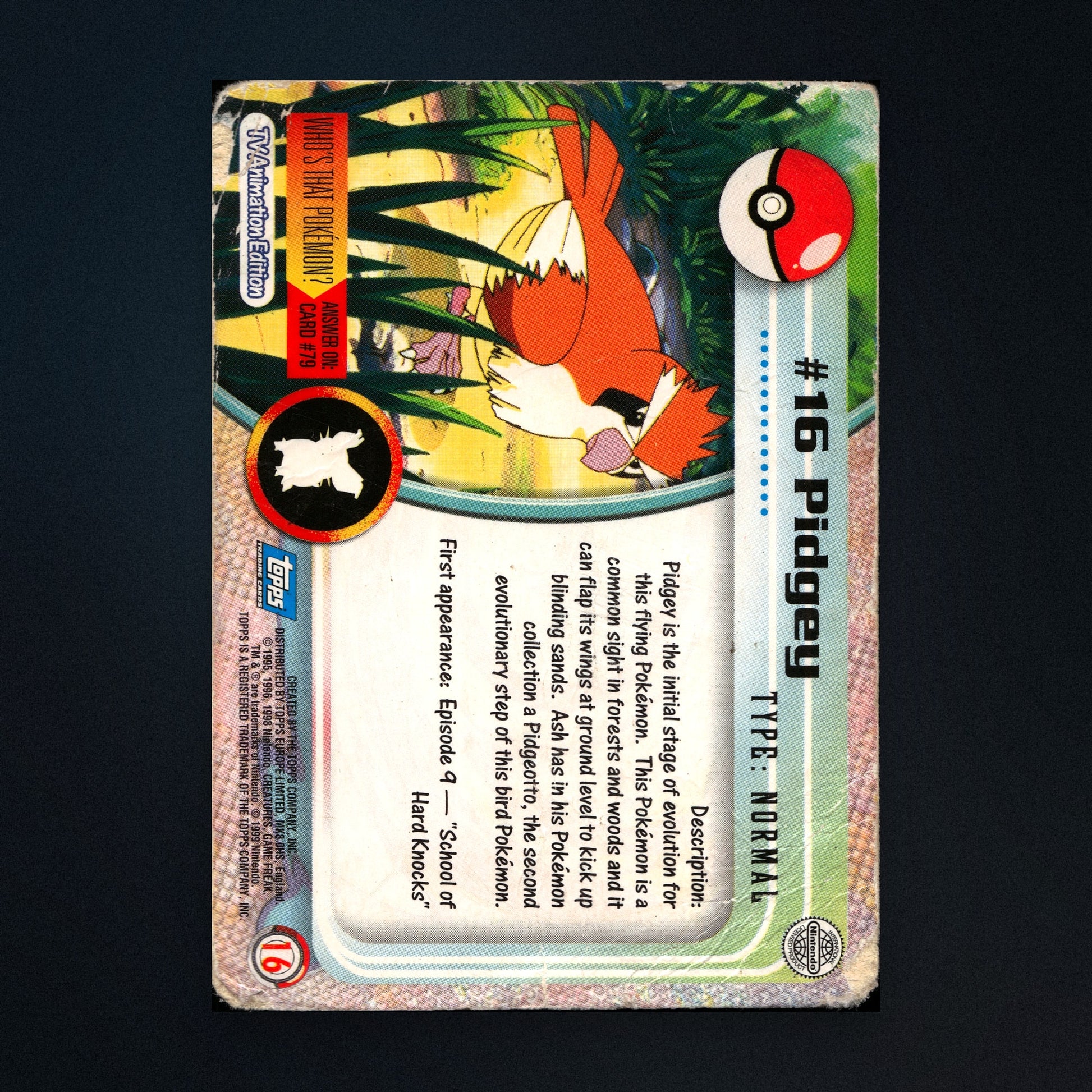 Pidgey #16 - 1999 Topps Pokémon TV Animation Series 1 Silver Foil - Heavily Played back