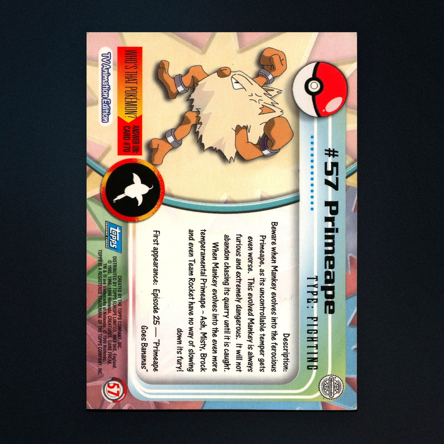 Primeape #57 - 1999 Topps Pokémon TV Animation Series 1 Silver Foil - Moderately Played back