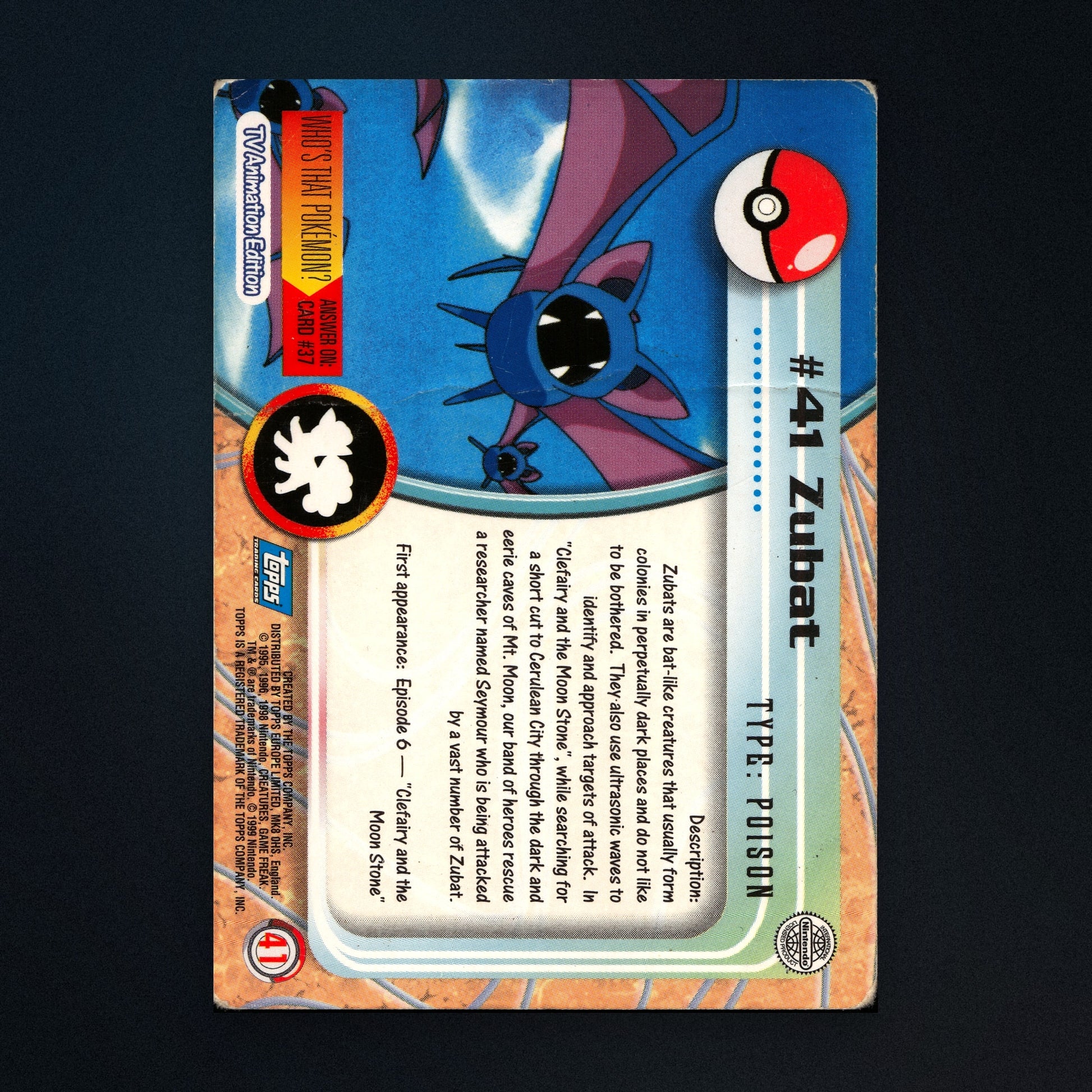 Zubat #41 - 1999 Topps Pokémon TV Animation Series 1 Silver Foil - Heavily Played back