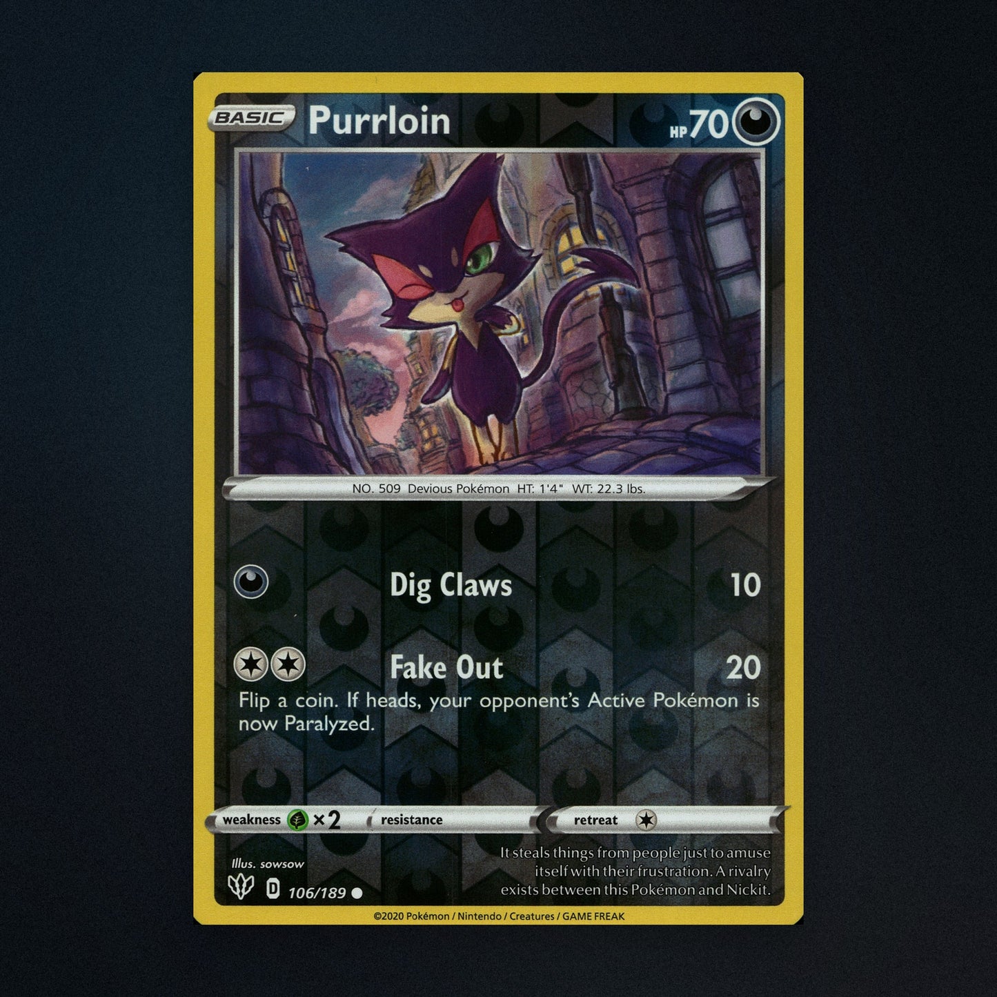 Purrloin - 106/189 - Darkness Ablaze - Reverse Holo - Lightly Played front