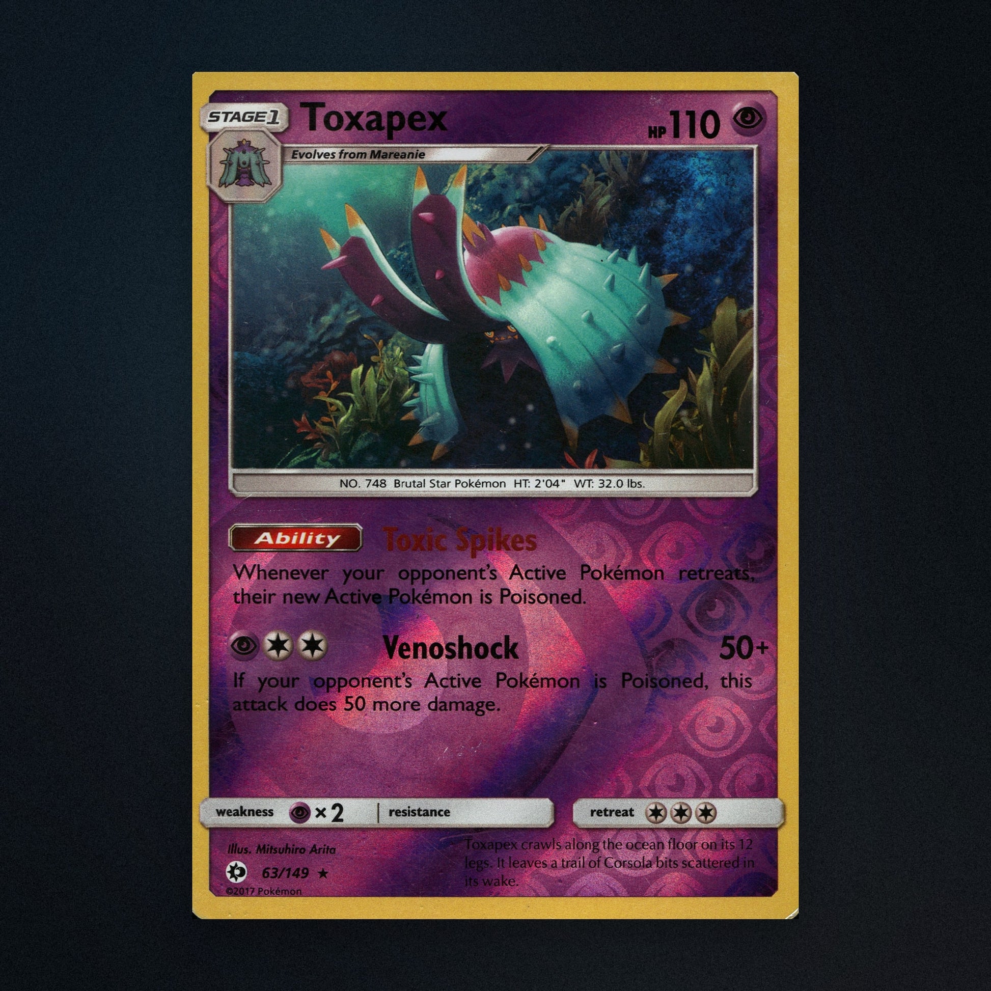 Toxapex - 63/149 - Sun & Moon - Reverse Holo - Heavily Played front