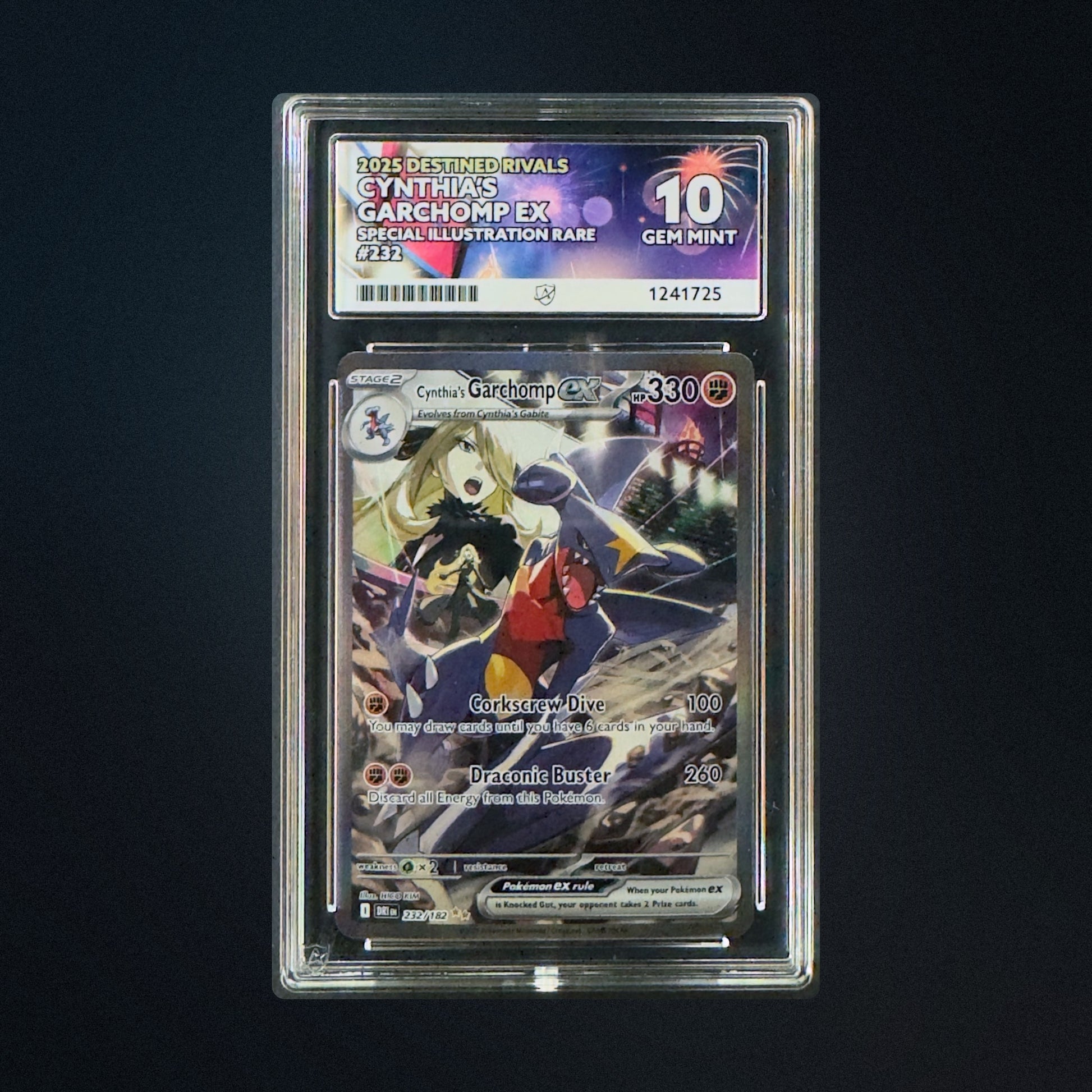 Pokemon Destined Rivals Cynthia's Garchomp ex 232/182 ACE 10 Perfect Subgrades front