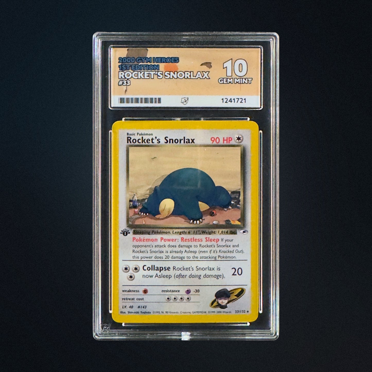 2000 Pokemon Gym Heroes Rocket's Snorlax 33/132 ACE 10 front