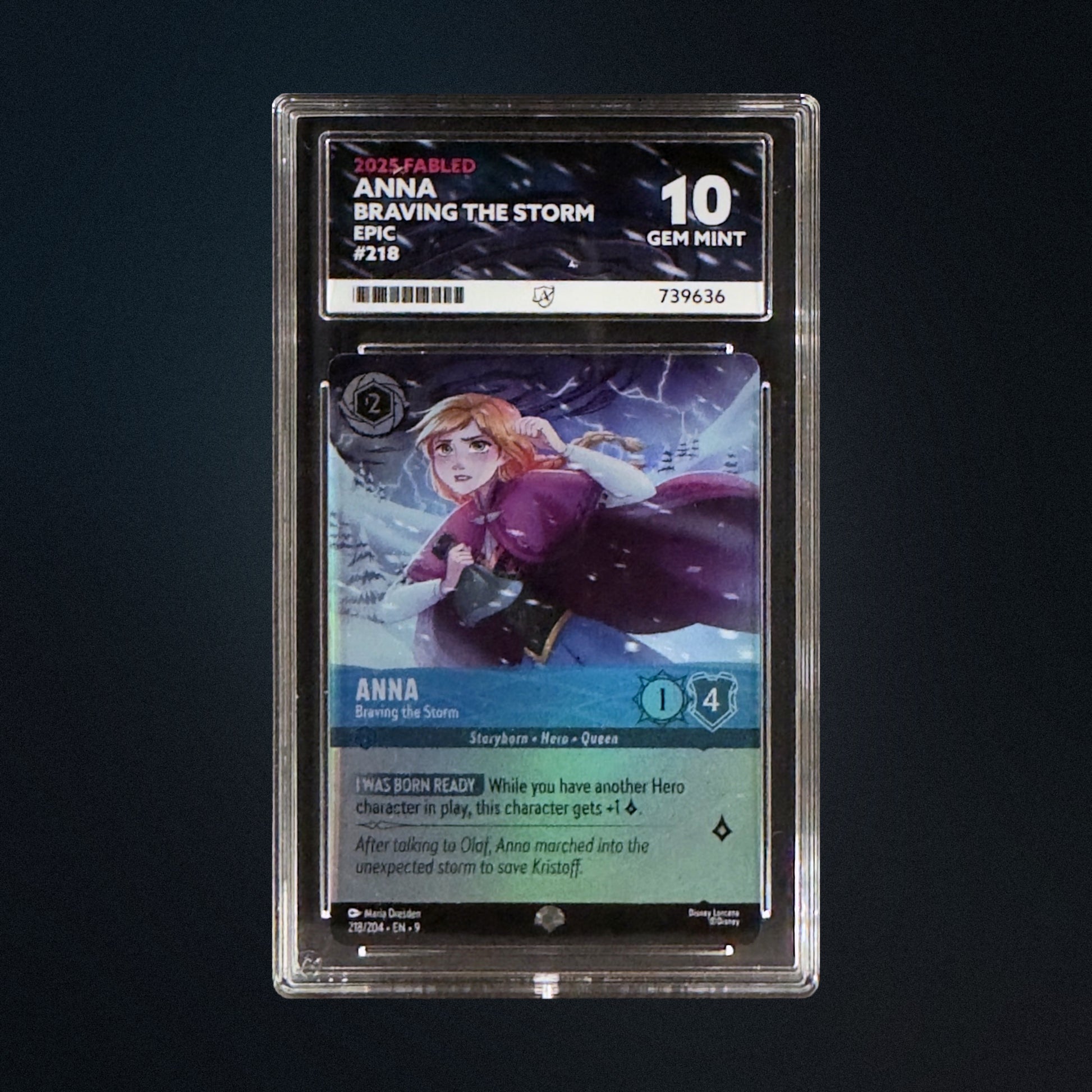 Disney Lorcana Fabled Anna Braving the Storm 218/204 ACE 10 Perfect Subgrades front