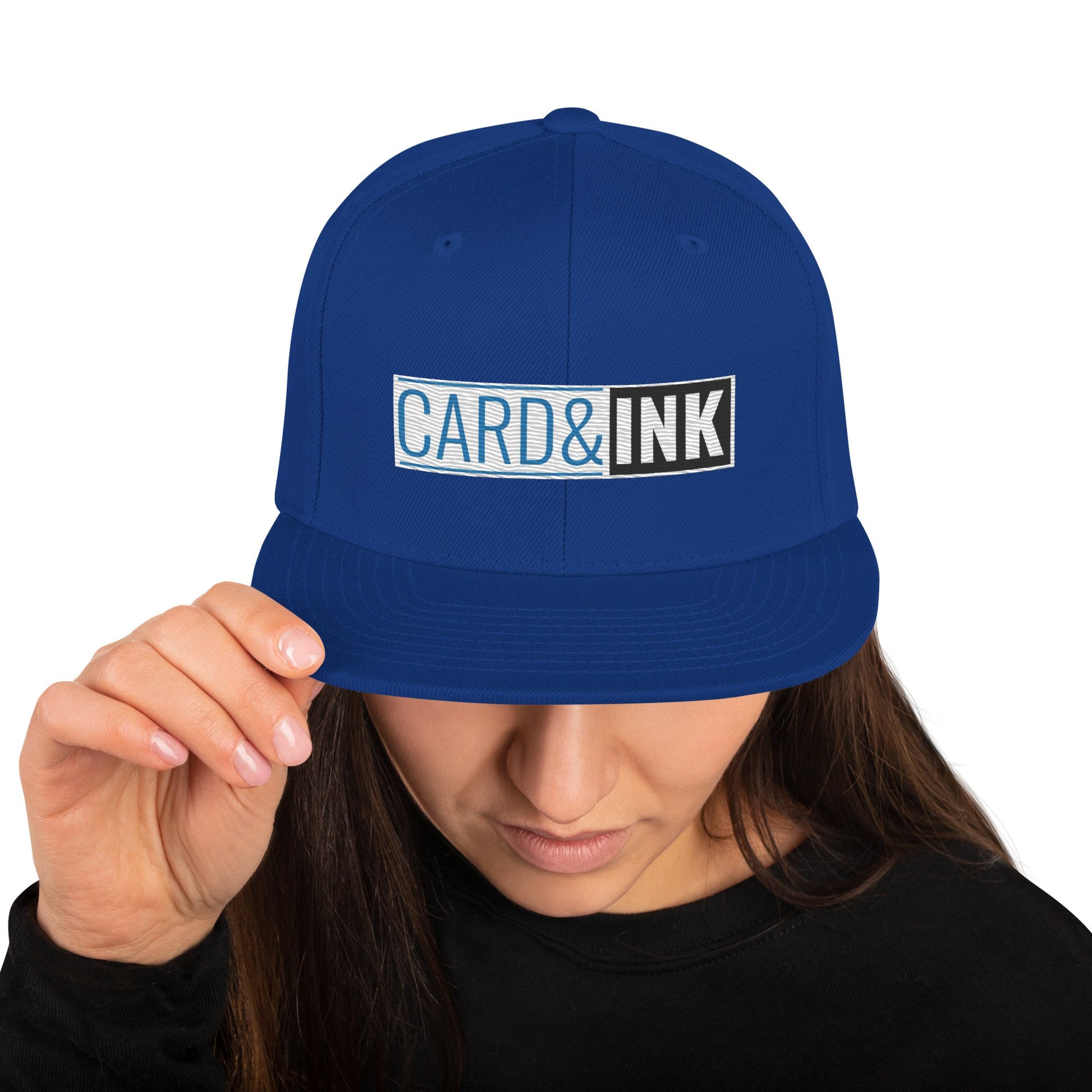 Card & Ink Snapback Hat front Printful mockup